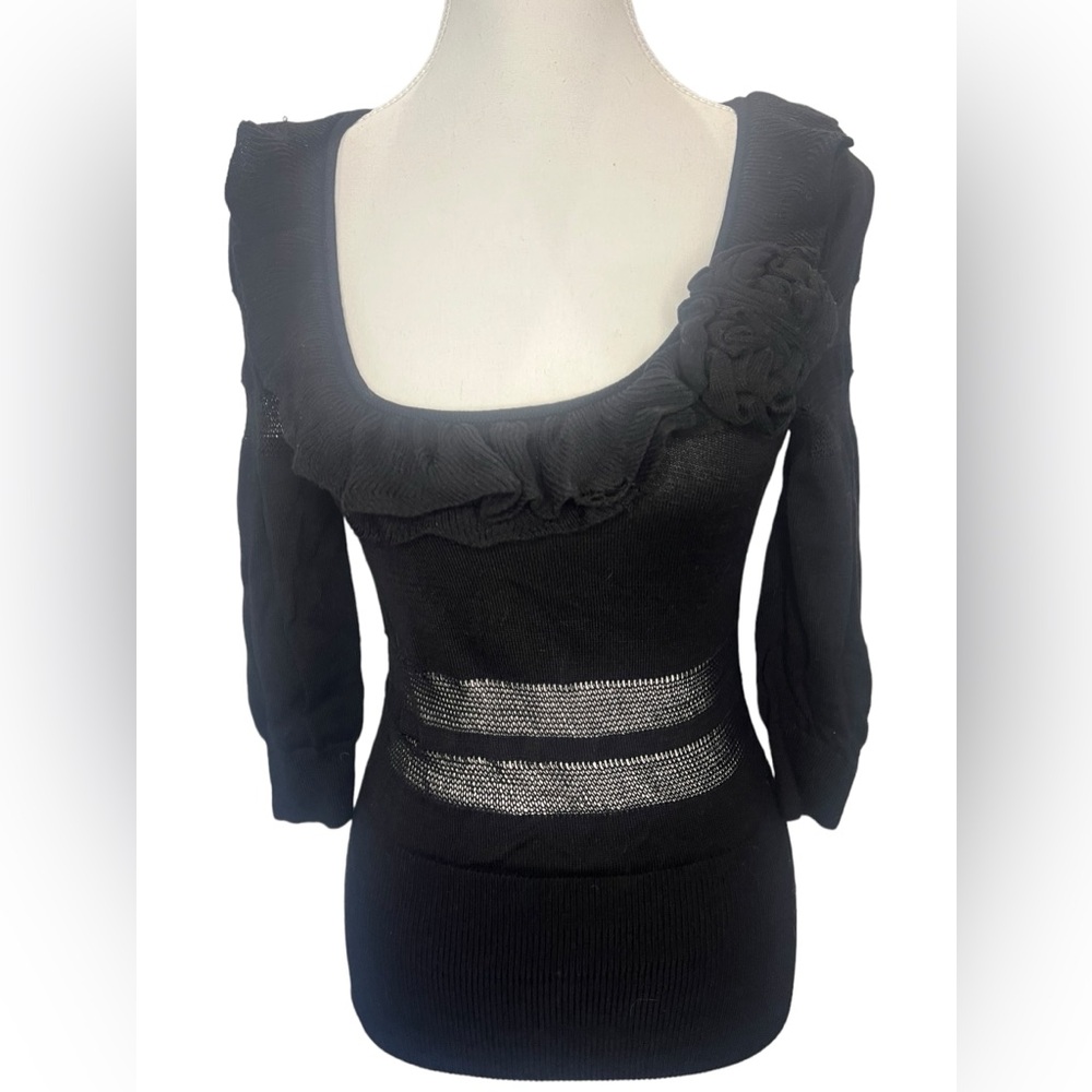 BEBE Black knit sweater 3/4 sleeve top see through knitted detailing Size Small
